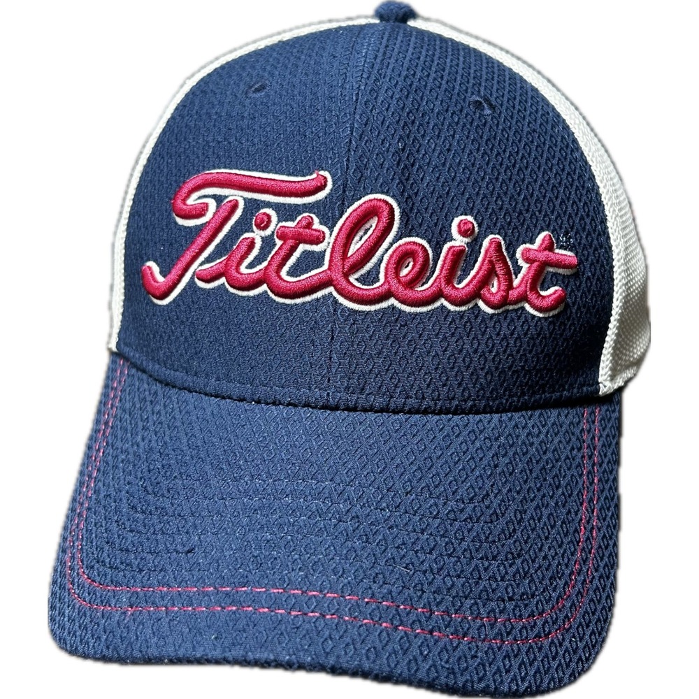 Titleist Golf Hat Mesh Back S/M Navy Blue Pink White Script Logo Flexfit‎ Cap